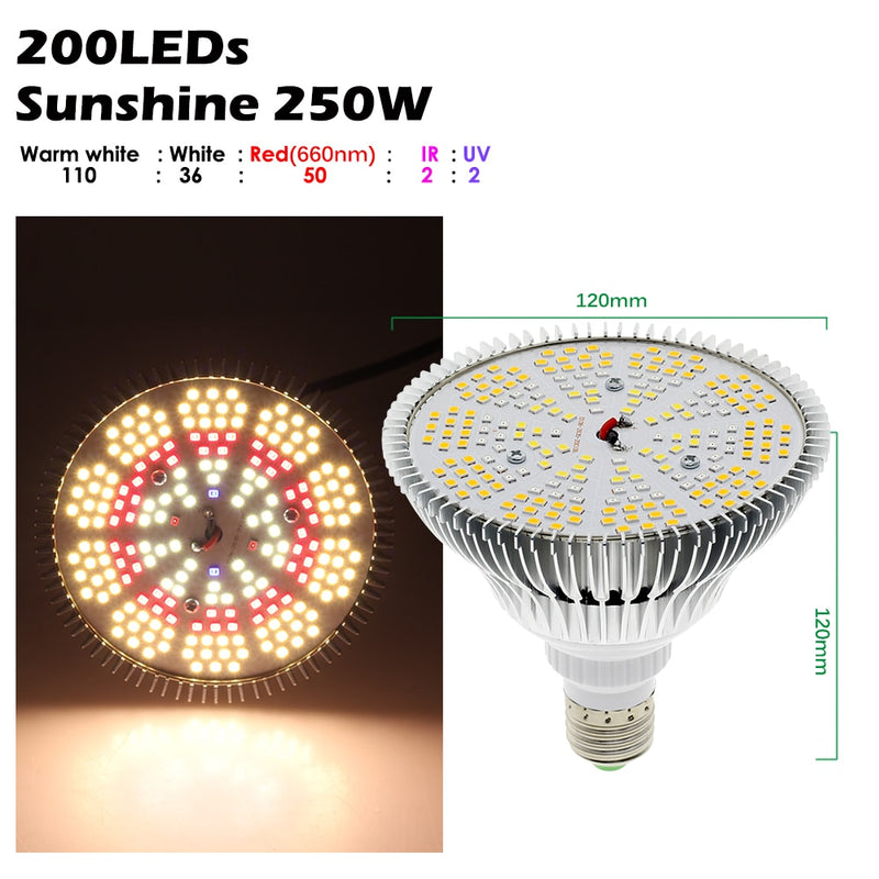 Bombilla LED de 250W para cultivo, bombilla LED E27 para plantas, 200 LED, luces de cultivo de espectro completo similares al sol para plantas de interior, verduras y plántulas