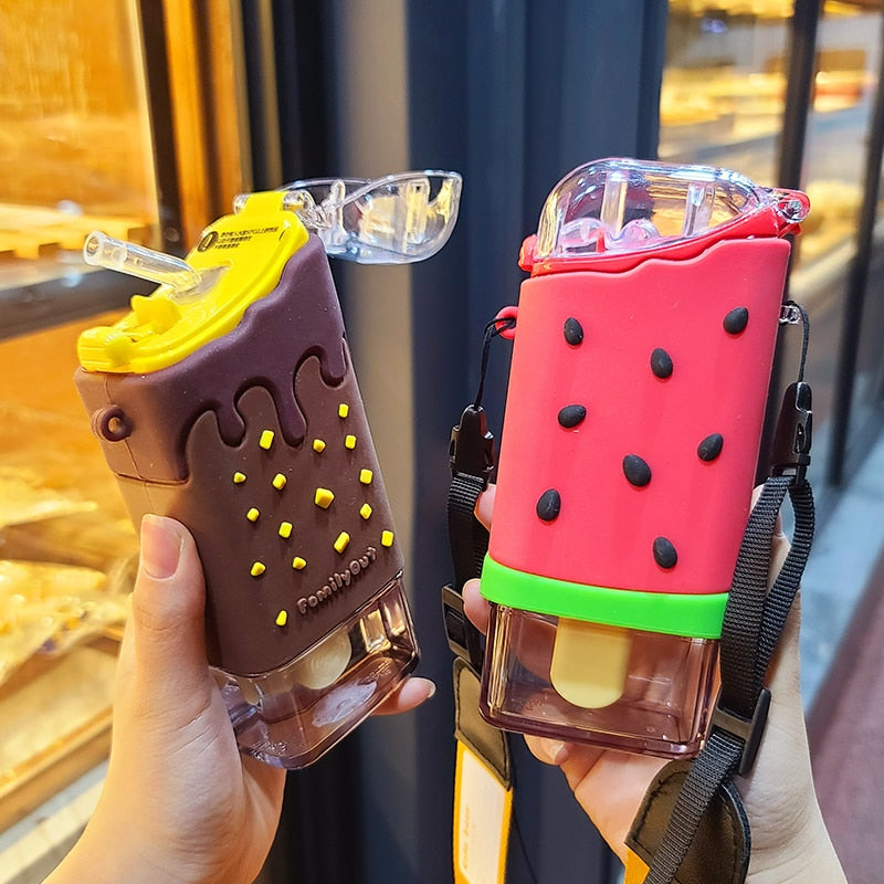 Hot Summer Cute Donut Ice Cream Water Bottle With Straw Creative Square Watermelon Cup Portable Leakproof Tritan Bottle BPA Free