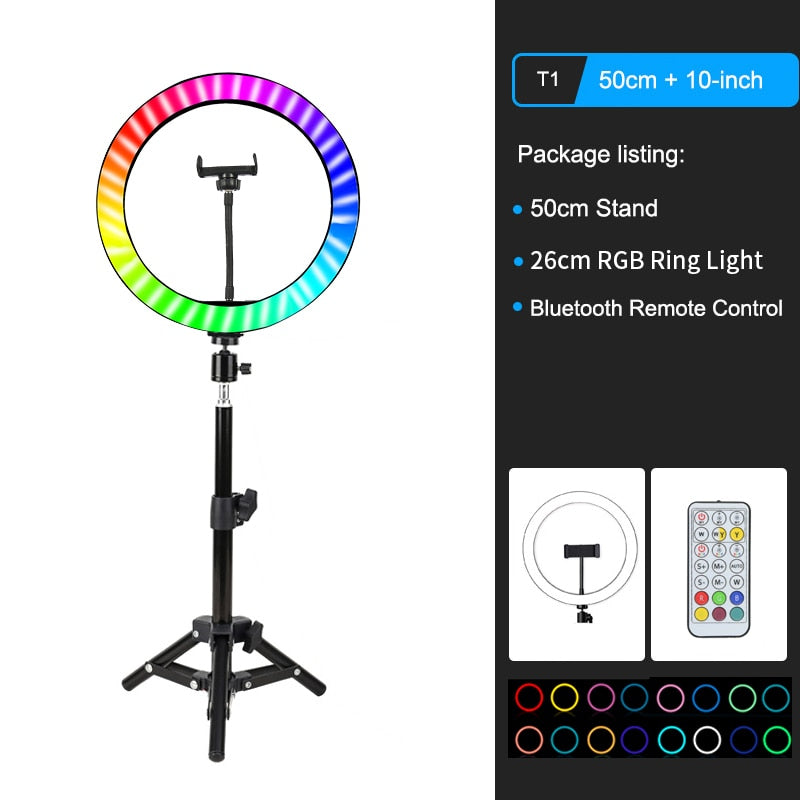 26cm Colorful RGB Ring Light with Stand Phone Tripod Lighting Ring Light with Remote Phone Camera Holder for Tiktok Photo Video