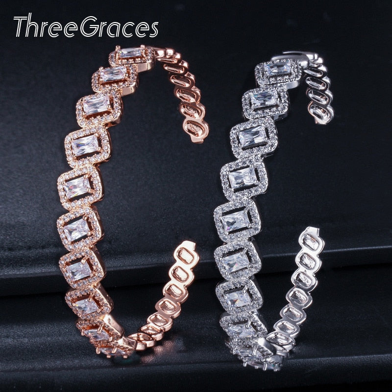 ThreeGraces Fashion Inlay Square Cubic Zirconia Stone Rose Gold Color Open Cuff Bangle Bracelet for Women Jewelry Gift BA021