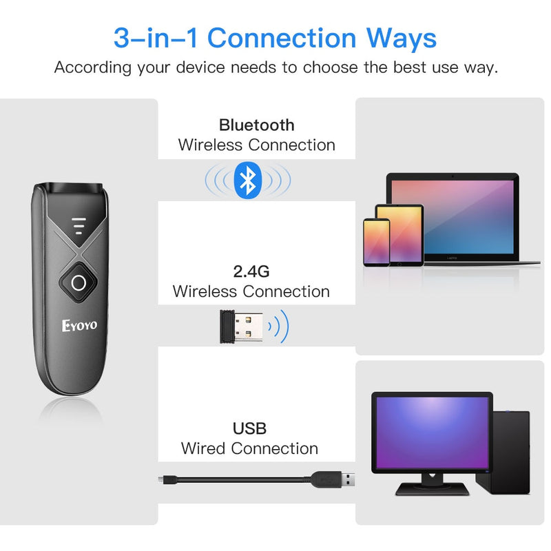 Eyoyo EY-015 Mini-Barcode-Scanner USB verkabelt Bluetooth Wireless 1D 2D QR PDF417 Barcode für IPad IPhone Android Tablets PC