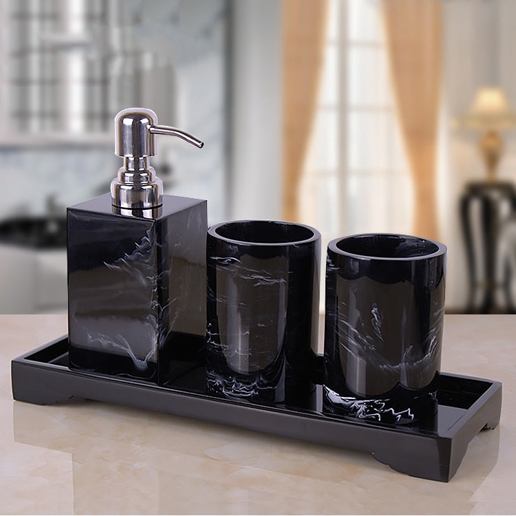 Black Marble Pattern Tray Resin Bathroom Set Toothbrush Holder Soap Dispenser Soap Dish Men&