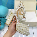 2021 Pearl Platform Sandals Women Open Toe Rhinestone Diamond Square High Heels Shoes Woman Sexy Wedding Shoes