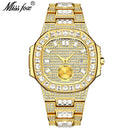 MISSFOX Luxury Men Watch Gold 18K Model Fully Paved Baguette Diamond Mens Watches Waterproof Calendar Male Clock Hours