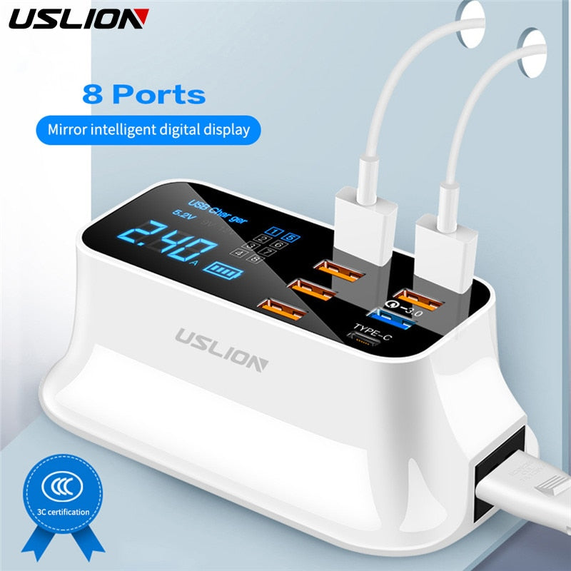 USLION 8 Port USB Charger HUB Quick Charge 3.0 LED Display Multi USB Charging Station Mobile Phone Desktop Wall Home EU Plug