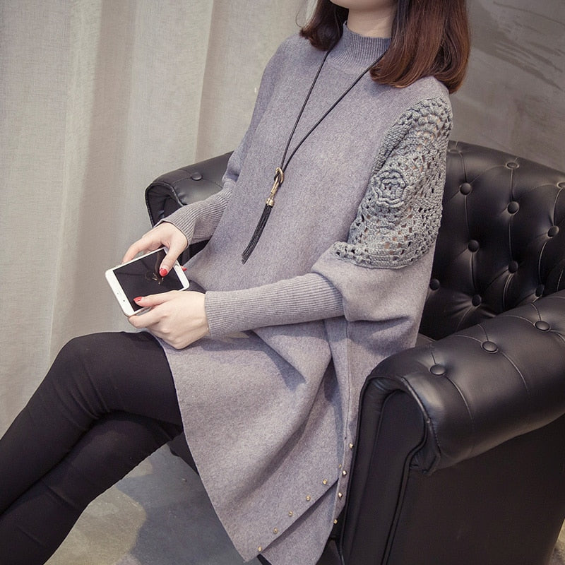 2022 Autumn And Winter New Loose Sweater Coat Women's Half-high Collar Pullover Wrap Swing Beading