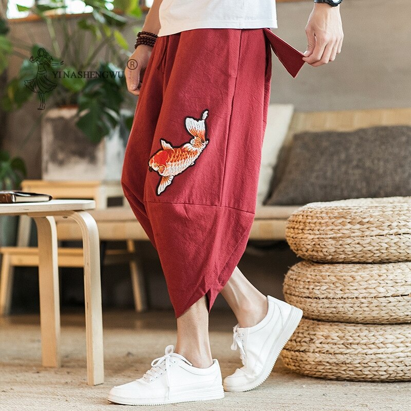 Verano hombres carpa Kimonos estilo japonés Harajuku Yukata Beam pies Harem pantalones jóvenes pantalones casuales asiático Japón estampado traje masculino