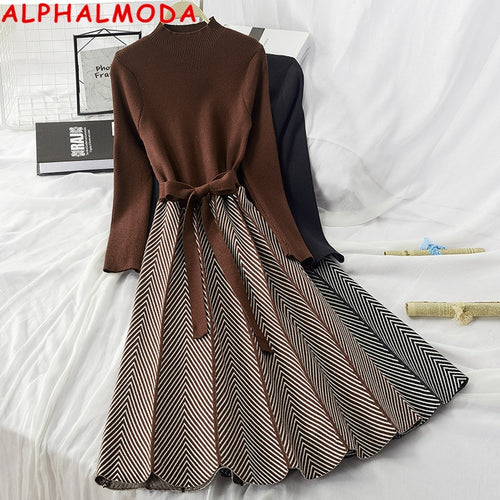 ALPHALMODA Stehkragen A-Linie Strickkleid Damen 2019 Neues verdicktes Pfeil gestreiftes Damen Elegantes Strickkleid mit Schärpen