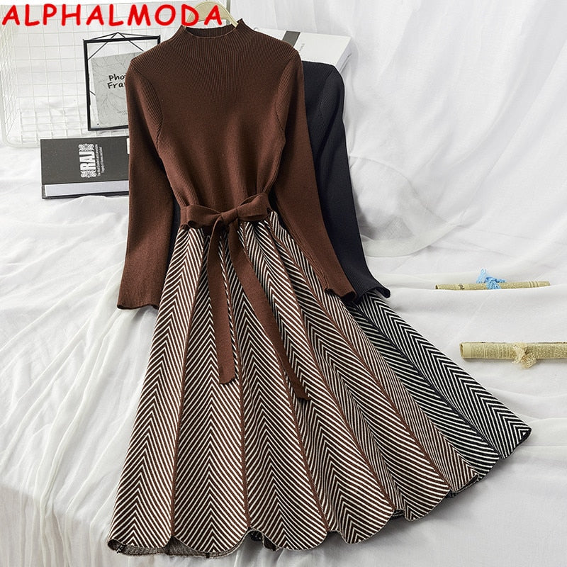 ALPHALMODA High Collar A-line Knit Dress Women's 2019 New Thickened Arrow Striped Women Elegant Sashes Knitted Dress