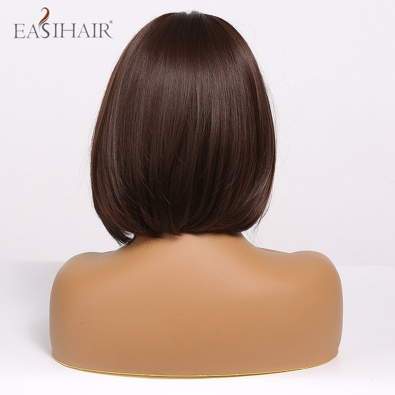 EASIHAIR Dark Brown Short BoBo Wigs with Bangs Heat Resistant Synthetic Hair Wigs Cosplay Lolita Female Wigs for Women