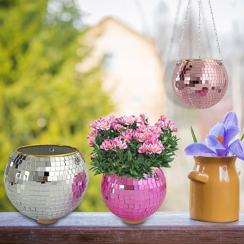 Retro Disco Ball Planter Basket Round Mirror Hanging Pot flower pot Wall Planter Pot Hangin Vase Desktop Decoration Balcony Vase