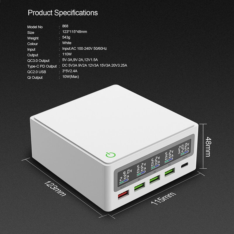 iLEPO 5 Ports QC3.0 USB Type C PD 65W Power Adapter LCD Qi Wireless Charger Cellphone Fast Charger Station For Laptop Tablet