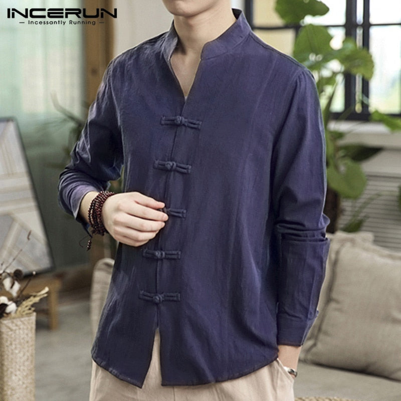 INCERUN Men Casual Shirt Solid Retro Button Stand Collar Tops Cotton Linen Long Sleeve Chinese Traditional Shirts Men Streetwear