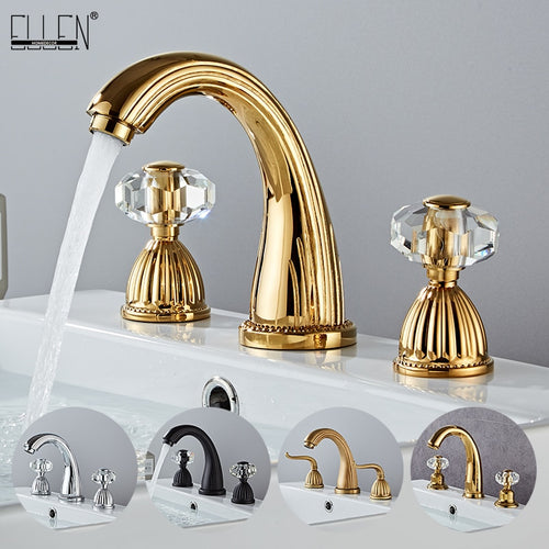 Gold Faucets Bathroom Golden Widespread Faucet Double Cystal Handle Three Hole Wash Basin Tap Hot Cold Mixer ELF1516G