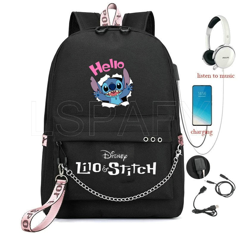 Disney Kawaii Stitch Bag Zipper USB Charging Mochila Capacity Backpack Women Kpop School Bags for Teenage Girls Students