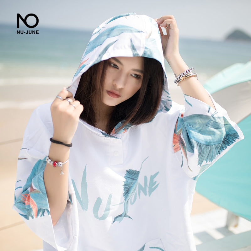 Nu-June Mikrofaser-Drucken Wickelmantel Badetuch Outdoor Kapuzen Strandtuch Poncho Frauen Mann Schwimmen Tauchen Bademantel Umhang