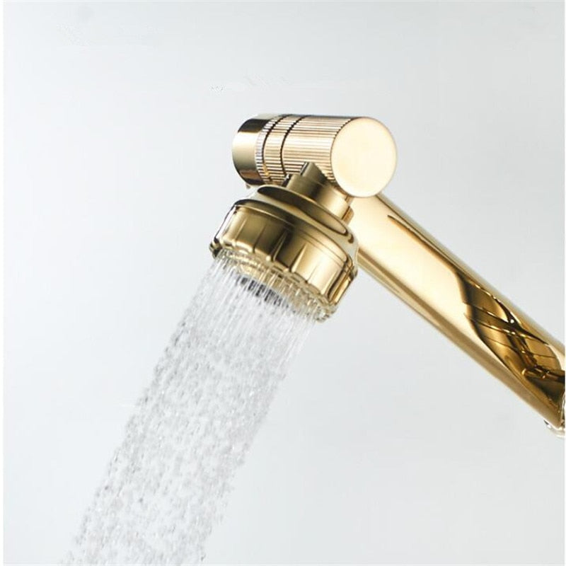 Grifo de baño multifunción Tuqiu, grifo de fregadero dorado, mezclador de agua fría y caliente, grúa, grifos de agua universales montados en cubierta de bronce antiguo