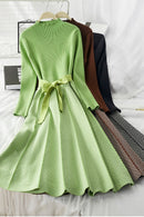 ALPHALMODA High Collar A-line Knit Dress Women's 2019 New Thickened Arrow Striped Women Elegant Sashes Knitted Dress