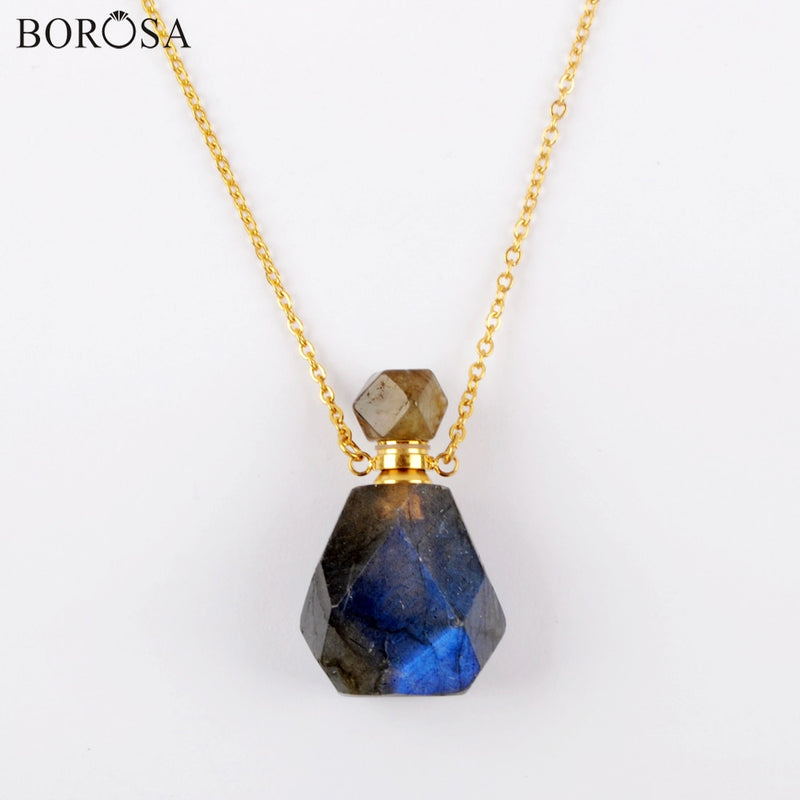 Faceted Natural Labradotite Perfume Bottle Pendant Connector Gold Plating Gems Stones Essential Oil Necklace for Women PB001-8