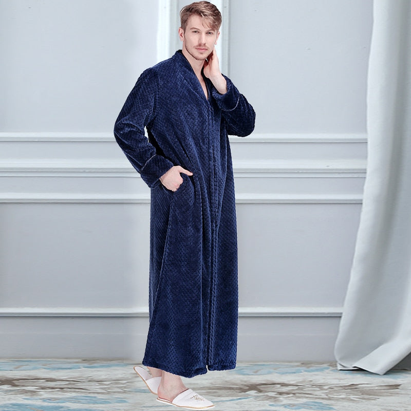 Women Winter Plus Size Long Warm Flannel Hooded Bathrobe 40-110KG Zipper Bath Robe Pregnant Night Dressing Gown Men Sleepwear