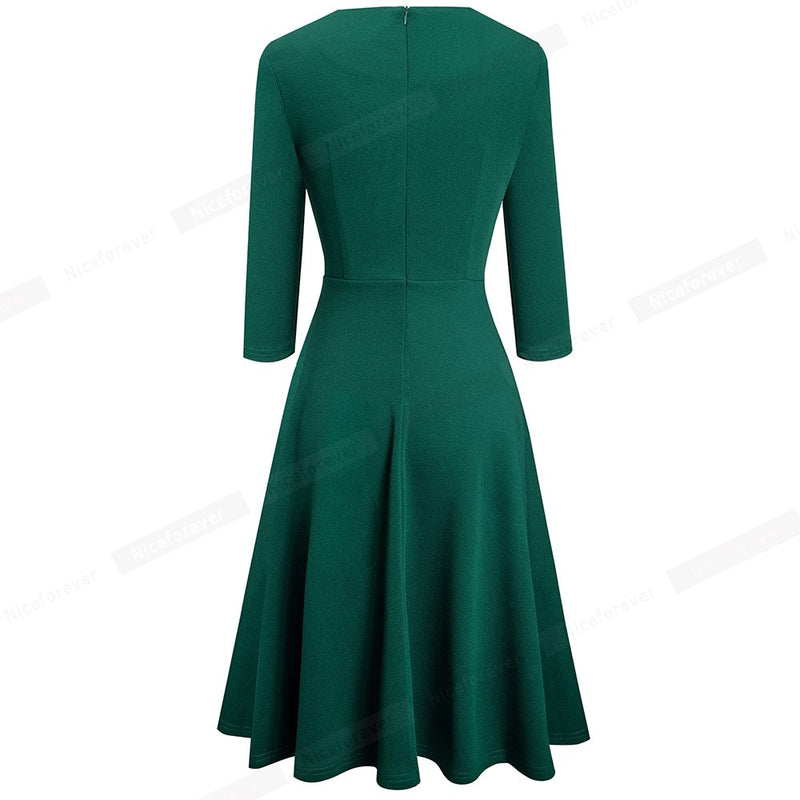 Nice-forever Herbst Retro Reine Farbe mit Spitzenkleidern Party A-Linie Frauen Ausgestelltes Swingkleid A190