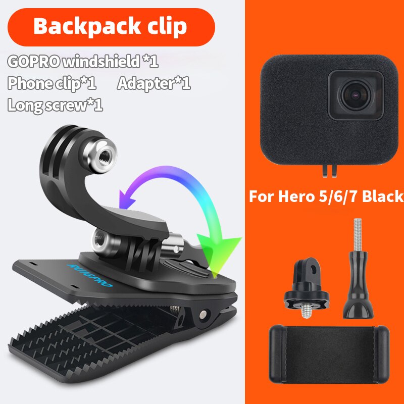 for Go Pro Accessories 360-Degree Rotation backpack bag Clip clamp For GoPro Hero11 10 9 8 7 6 5Xiaomi yi for SJCAM SJ4000 Phone