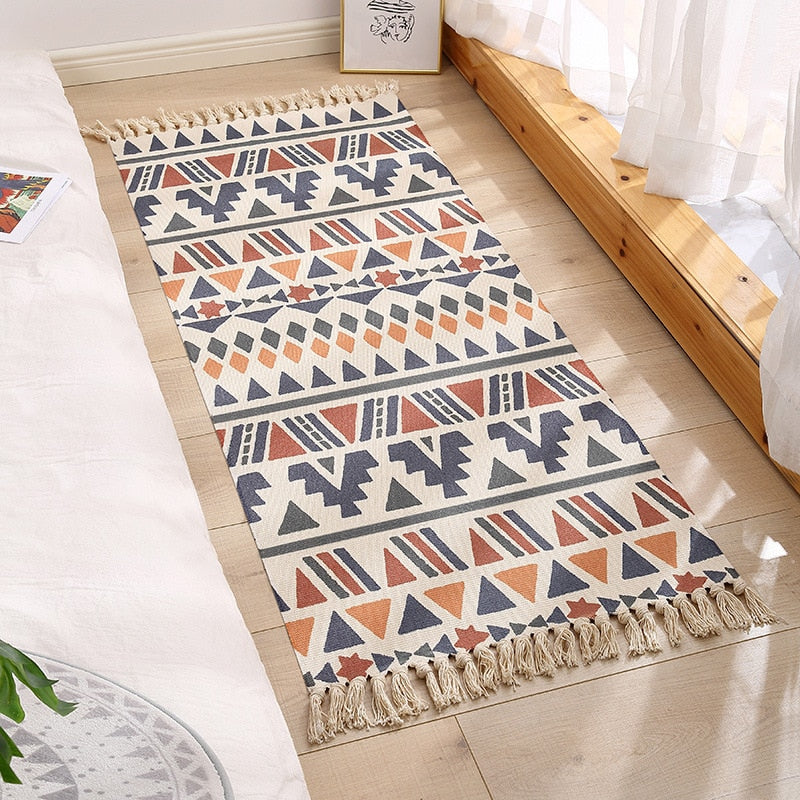 Luxury Bohemia Ethnic Style Cotton Linen Soft Carpet Handmade Tassel Rug Living Room Bedside Floor Mat Pad Home Boho Decoration