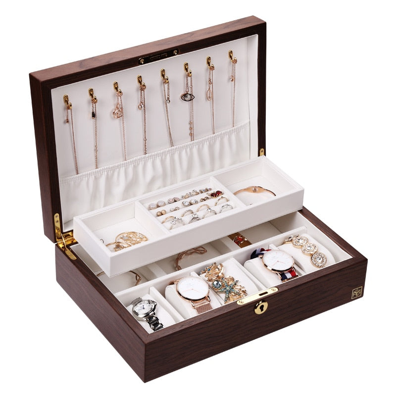 Casegrace Luxury Wooden Jewelry Box Organizer Women Large Ring Necklace Earrings Jewellery Storage Case Gift Casket
