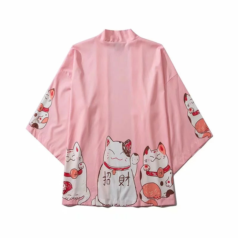 Bebovizi Japan Style Clothes Men Summer Streetwear Cat Print Kimono Cardigan Mandarin Robe Men Unisex Japanese Trend Kimonos