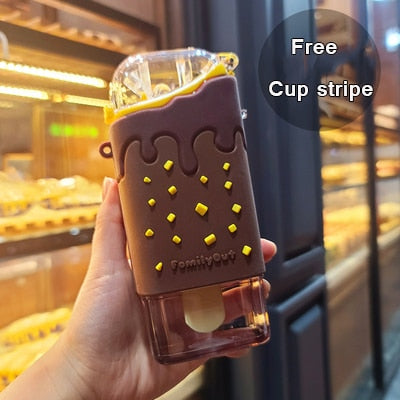 Hot Summer Cute Donut Ice Cream Water Bottle With Straw Creative Square Watermelon Cup Portable Leakproof Tritan Bottle BPA Free