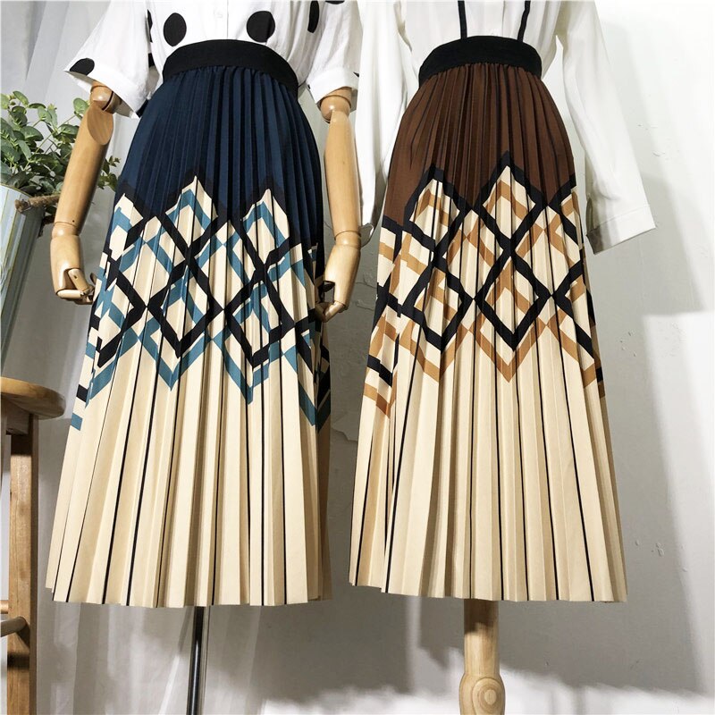 Geometric Striped Skirts For Women 2022 Summer OL Black Pleated Skirt Casual A-Line Patchwork Print Midi Skirt Autumn Winter New