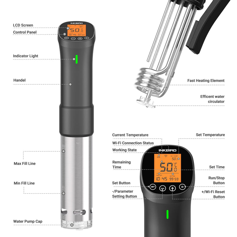 INKBIRD ISV-200W Wi-Fi Culinary Sous Vide Precision Cooker Slow Cook with 1000W Immersion Circulator&amp;Stainless Steel Components