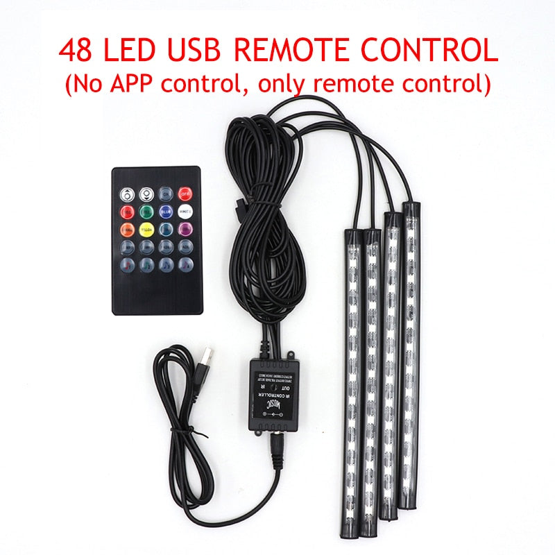 Luz LED para pie de coche, lámpara ambiental, aplicación USB, Control remoto de música, múltiples modos, luces decorativas interiores automotrices