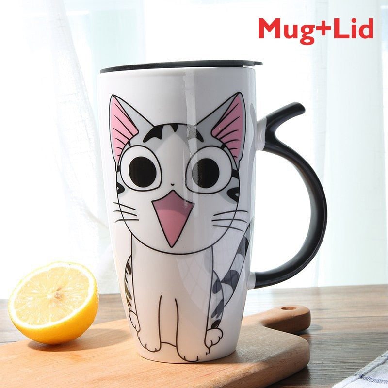 Taza de café de cerámica de gato bonito de 600ml con tapa, tazas de animales de gran capacidad, vasos creativos para beber, tazas de té y café, regalos novedosos, taza de leche