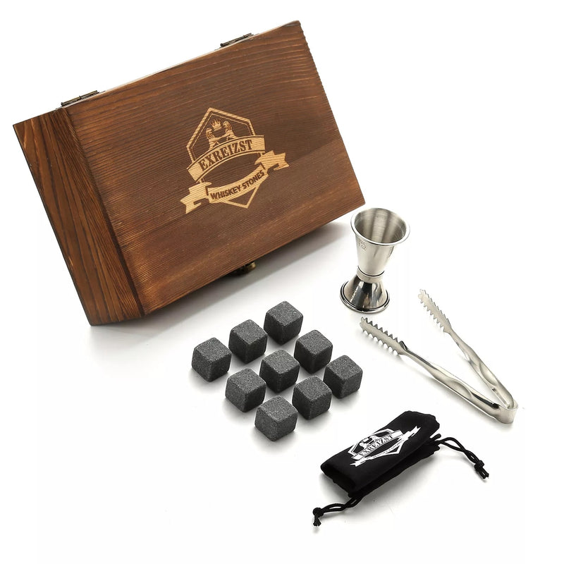 Whiskey Stones Gift Set - 9 Granite Chilling Stones Whisky Rocks - Reusable Ice Cubes with Tongs Stopper - Best Drinking Gift