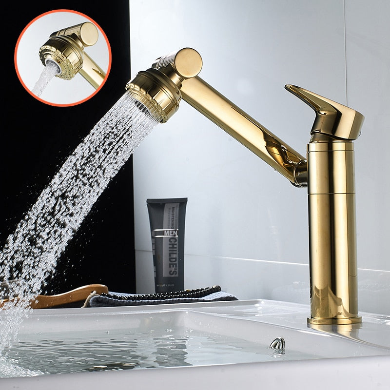 Grifo de lavabo, grifo de agua para baño, grifo de baño dorado giratorio de 360 ​​grados, grifo monomando para fregadero, mezclador de agua fría y caliente