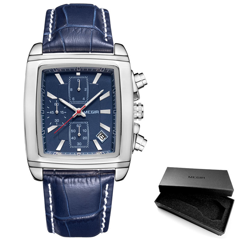 Reloj Megir con correa de cuero y esfera rectangular para hombre, relojes de cuarzo con cronógrafo azul informal, reloj de pulsera para hombre, reloj de pulsera para hombre