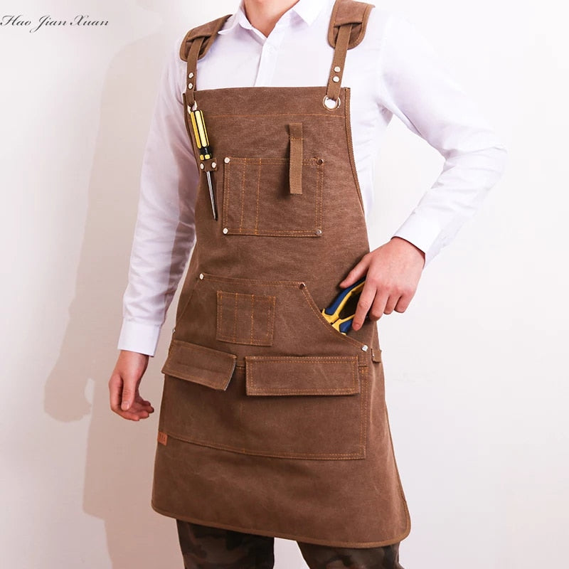 New Durable Goods Heavy Duty Unisex Canvas Work Apron with Tool Pockets Cross-Back Straps Adjustable For Woodworking Painting