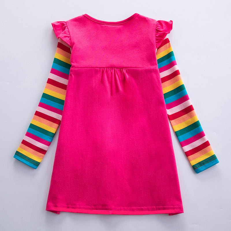 Girls Long Sleeve Star Embroidered Dress Girls Autumn New Style Two Pocket Rainbow Striped Sleeve Cotton Dress LH5809