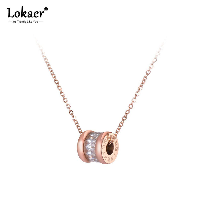Lokaer Classic Cubic Zirconia Circle Chokers Necklaces Roman Numerals Gold Color Stainless Steel Female Pendant Jewelry N19023