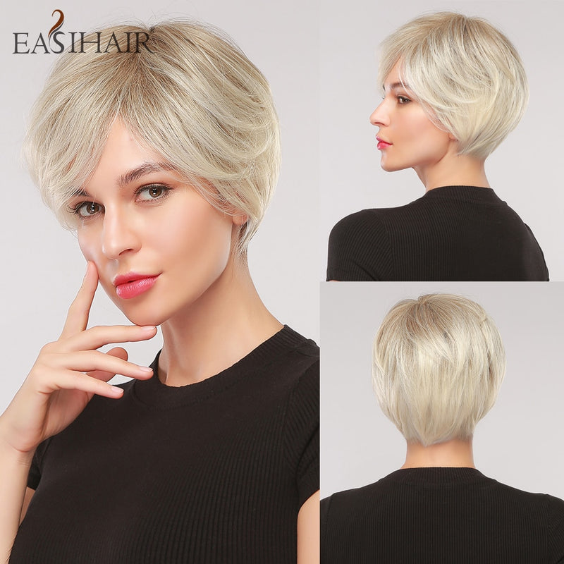 EASIHAIR Blonde Ombre Short Wigs Synthetic Hair Wigs for Women Natural Futura Hair With Bangs Daily Wigs Heat Resistant