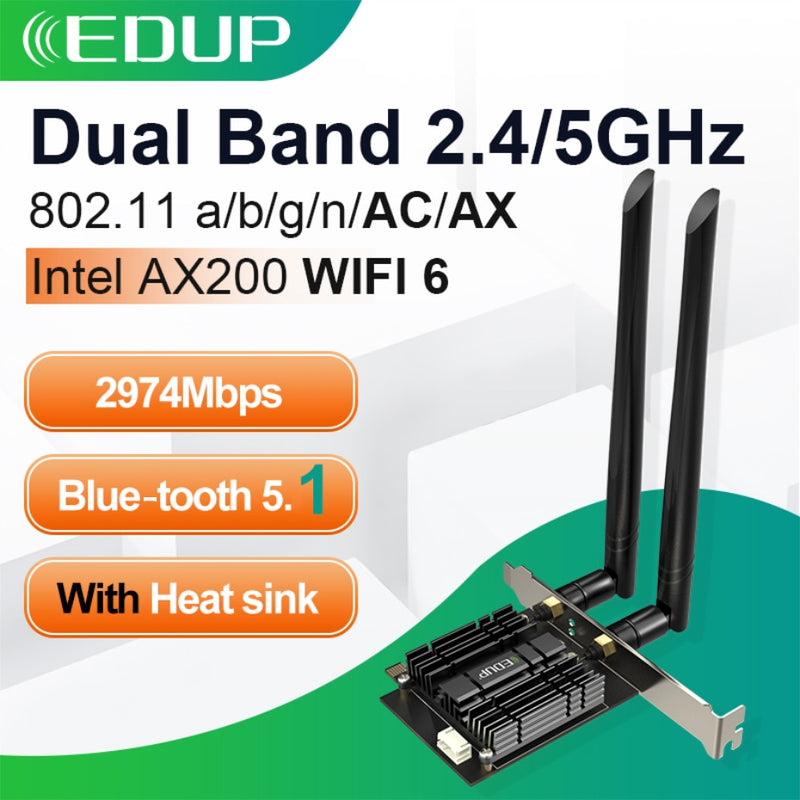 EDUP 3000Mbps WiFi 6 PCI Express Blue-tooth 5.1 Adaptador Banda dual 2.4G / 5GHz 802.11AC / AX Tarjeta de red inalámbrica Intel AX200 PCIe