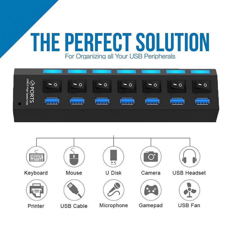 USB HUB 3.0 4 7 Port Usb Multi Splitter With Power Switch Supply Adapter For Macbook Pc Computer Laptops Notebook Accessories