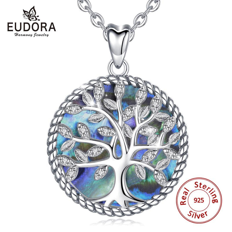 EUDORA 925 Sterling Silver Tree Of Life Pendant Crystal Leaf Blue Mother of Pearl Necklace Women Fine Jewelry Gift with Box D170