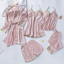 Lace Patchwork 5PCS Sleepwear Nightgown Kimono Bathrobe Gown Satin Lady Nighty&amp;Robe Suit Sexy Home Clothes White Wedding Robe
