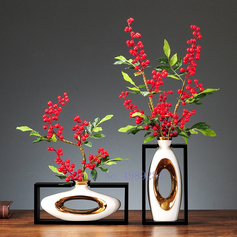 Chinesischer Stil Kreativität Keramikvase Holzrahmen Retro durchbrochene Vase Moderne Blumenarrangement Dekoration Blumenvasen