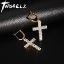 TOPGRILLZ Micro Paved Cross Full Bling Iced Out Earring Cubic Zircon Gold Silver Color Charm Stud Earrings Hip Hop Jewelry