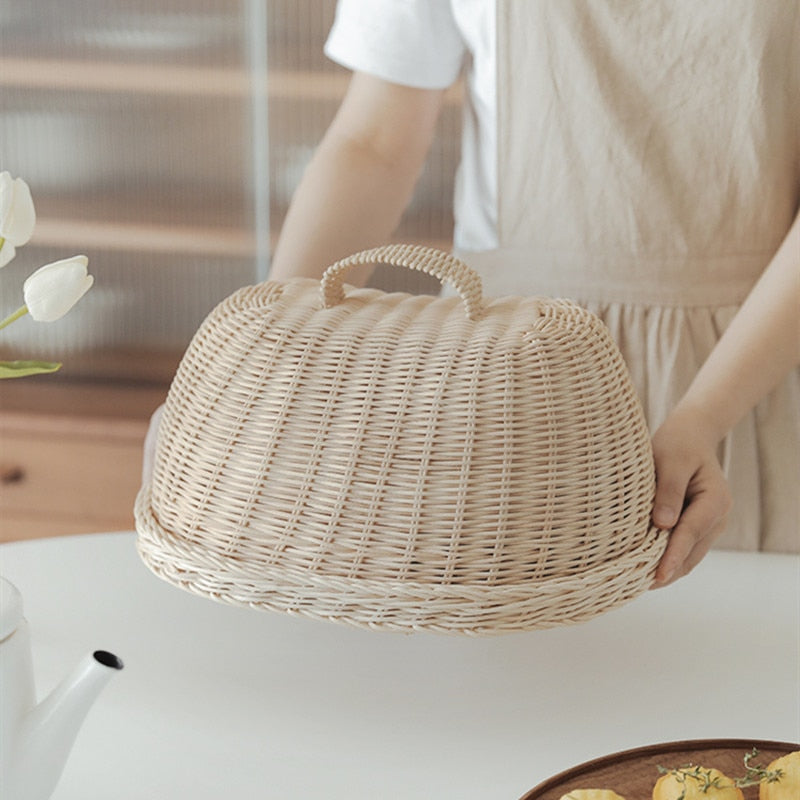 Rattankorb Brotkorb Weiße Rattan Aufbewahrungskörbe Obst Staubdichte Abdeckung Speisekammer Organizer Küchenaufbewahrung