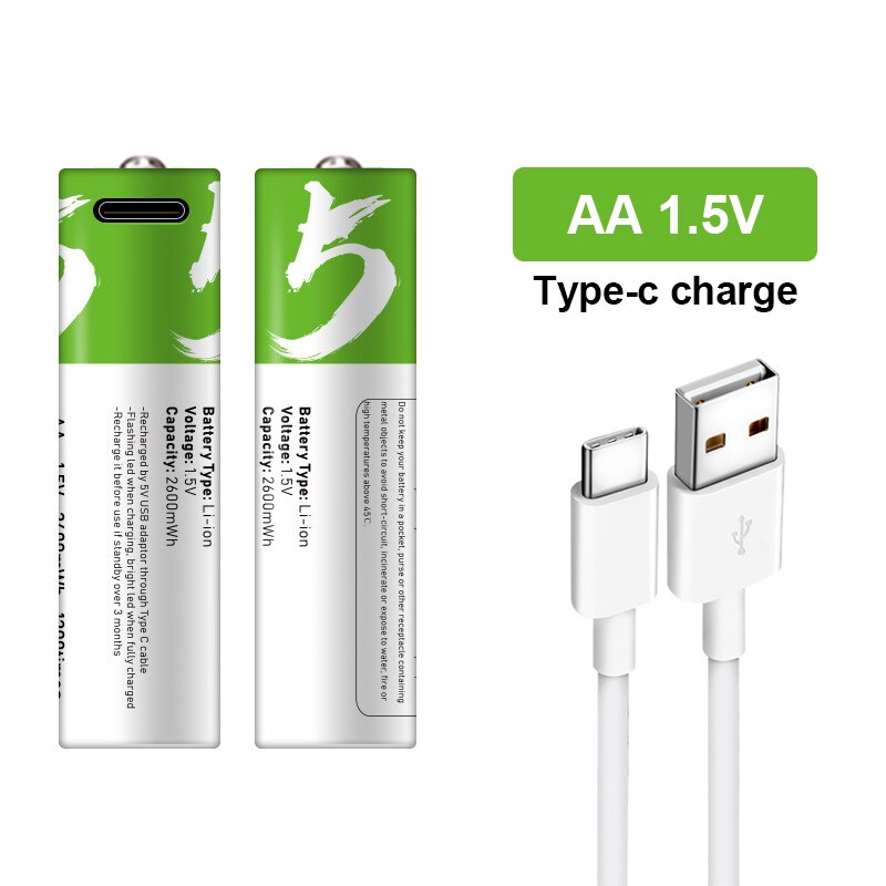 Nueva batería de iones de litio recargable USB AA 1,5 V 2600 mWh Original para ratón de control remoto ventilador pequeño batería de juguete eléctrica + Cable