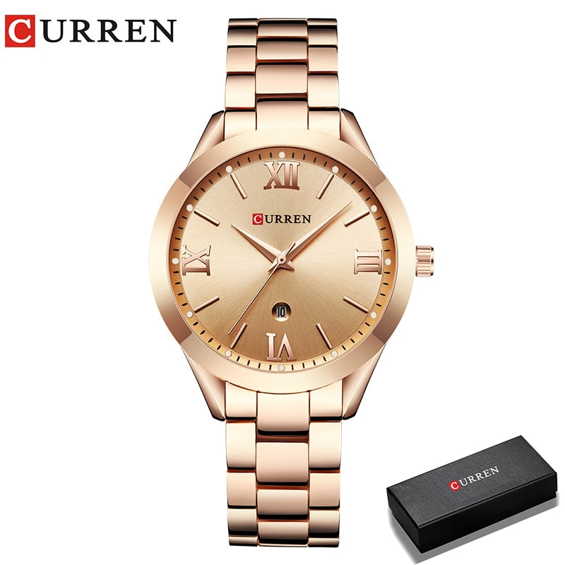 Marca CURREN, reloj de acero para mujer, vestido de lujo para mujer, reloj de pulsera de cuarzo a la moda, pulsera clásica de cristal dorado, reloj para mujer